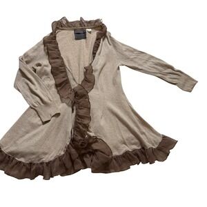 Anthropologie Guinevere Cardigan Wms S Tan Brown Striped Ruffle Trim Knit  Boho